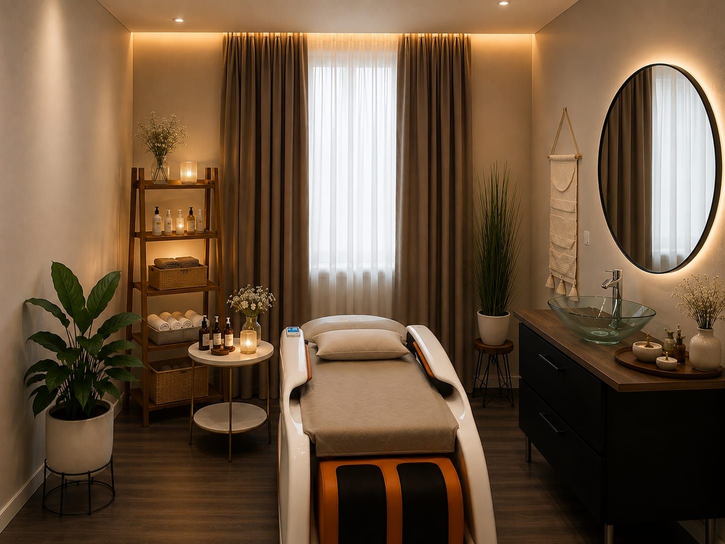 Apparativer Behandlungsraum bei Glamskin mit Behandlungsstuhl, rundem Spiegel und Pflanzen.