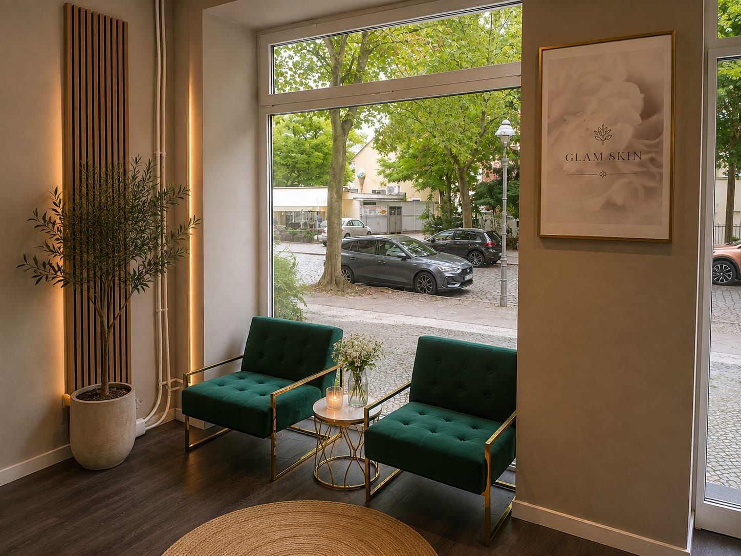 Wartebereich von Glamskin mit zwei dunkelgrünen Samtsesseln am Schaufenster zur Straße in Berlin-Tegel.