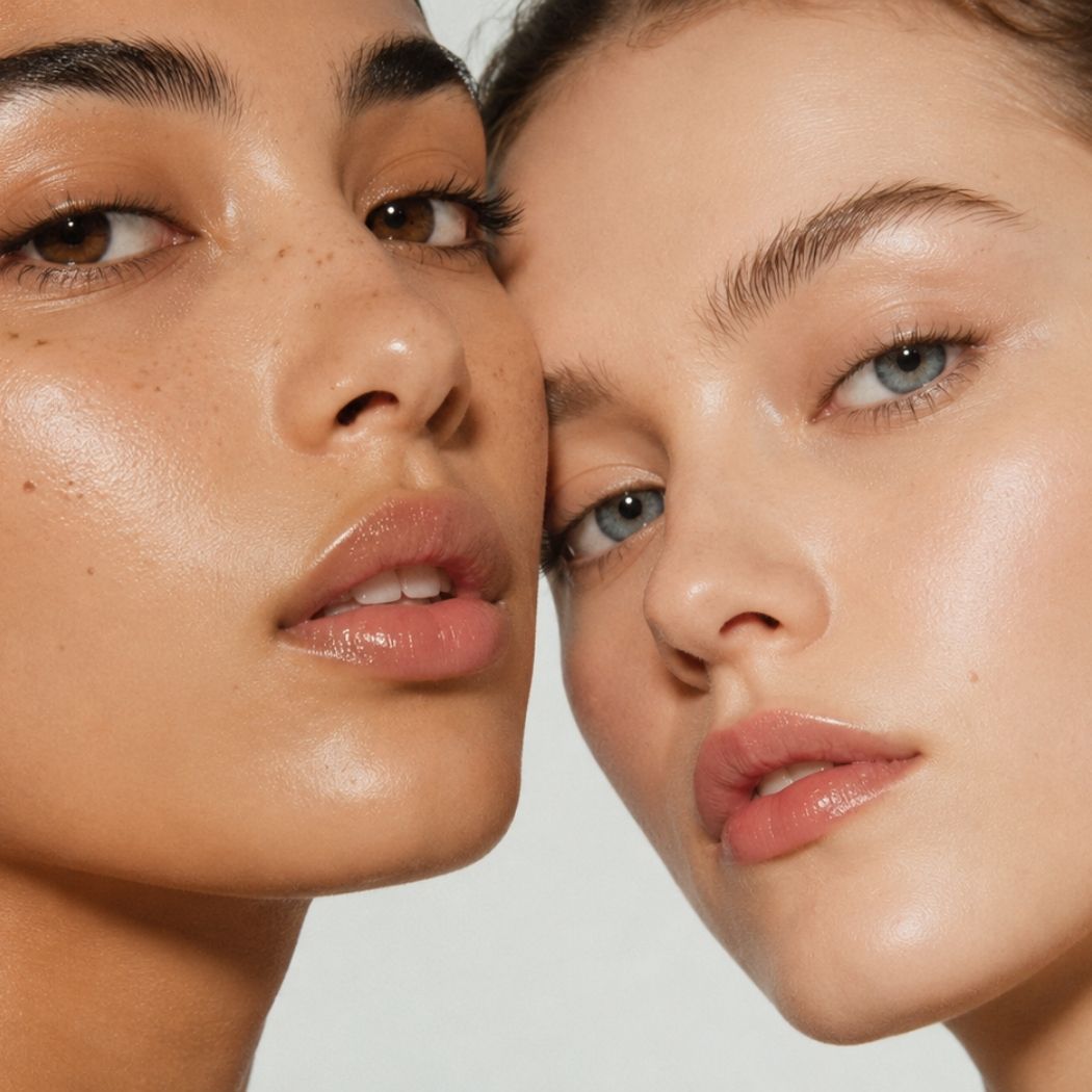 Gepflegte Haut bei Glamskin: zwei Frauen mit ebenmäßigem, frischem Teint.