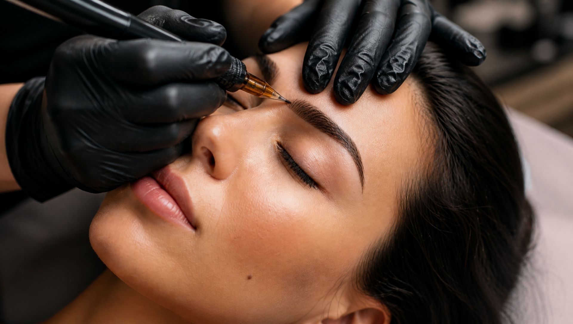 Permanent Make-up bei Glamskin: Augenbrauen einer Kundin werden mit einem Pigmentiergerät behandelt.